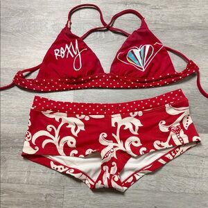 Roxy Red and white boyshirt Bikini Set with reversible top